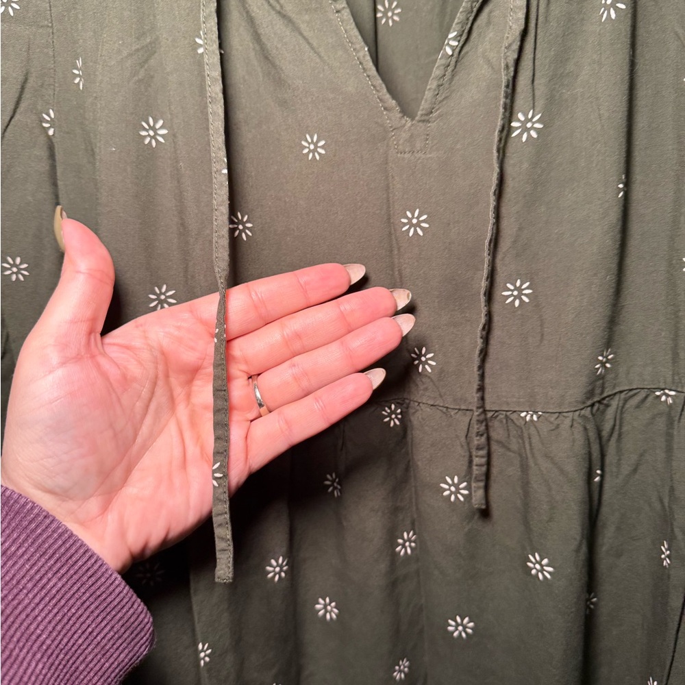Madewell Dark Green Floral Long Sleeve Dress Tiered tie midi dress stardot - Picture 9 of 12